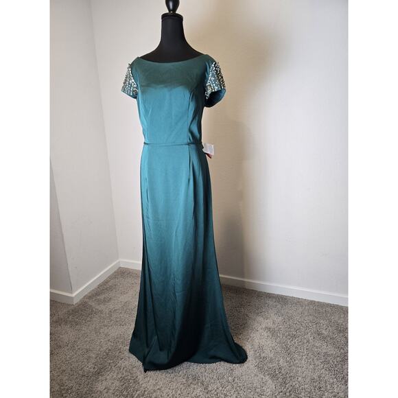Mac Duggal Bateau Neck Embellished Cap Sleeve Gown #55718 Emerald Green, Sz 10 - Picture 4 of 16